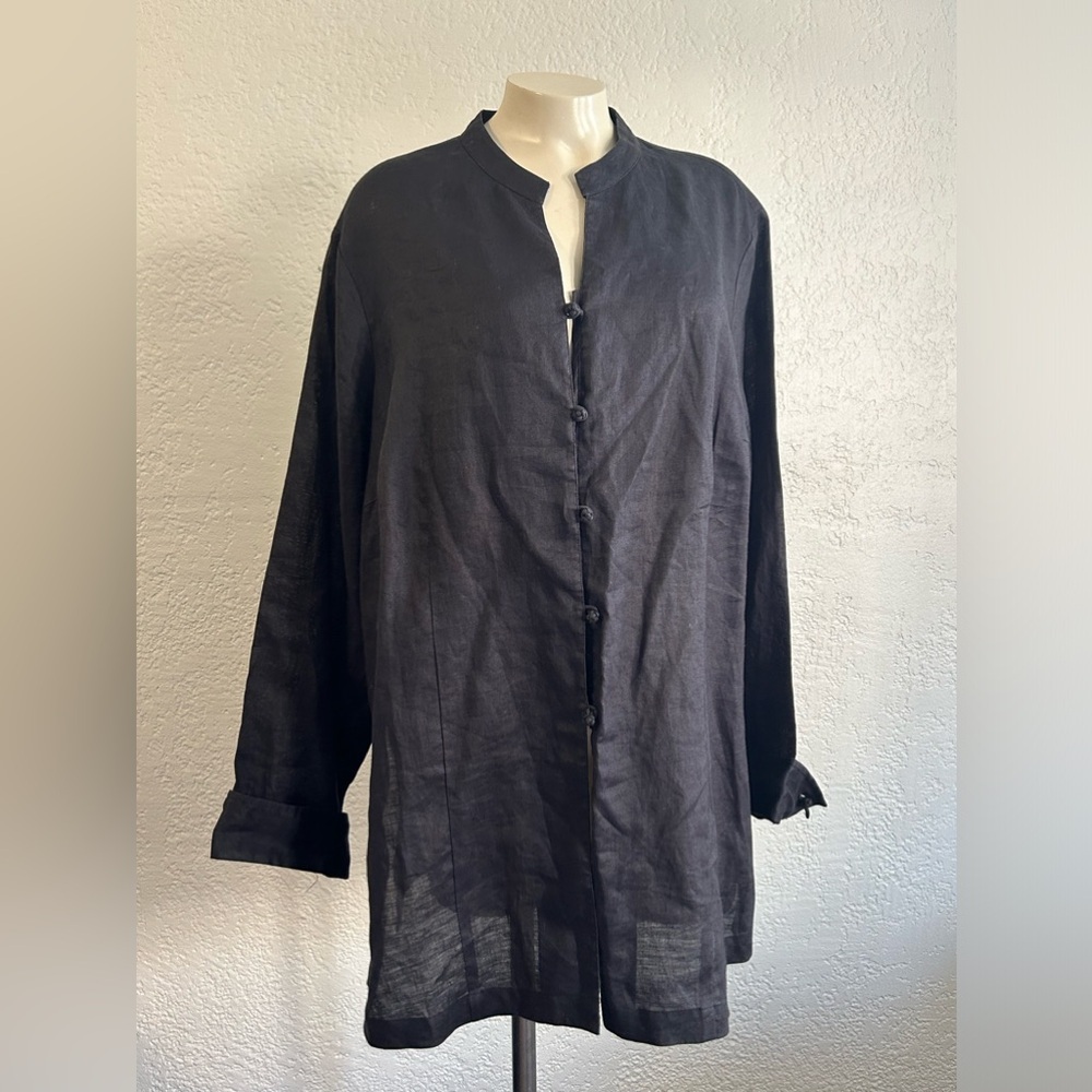TOTO n KO Black 100% linen mandarin style  blouse sz 1X